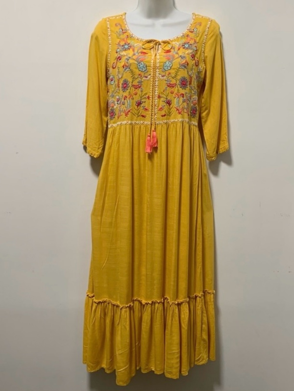Melange Yellow Embroidered Maxi Dress with Tassel Detail